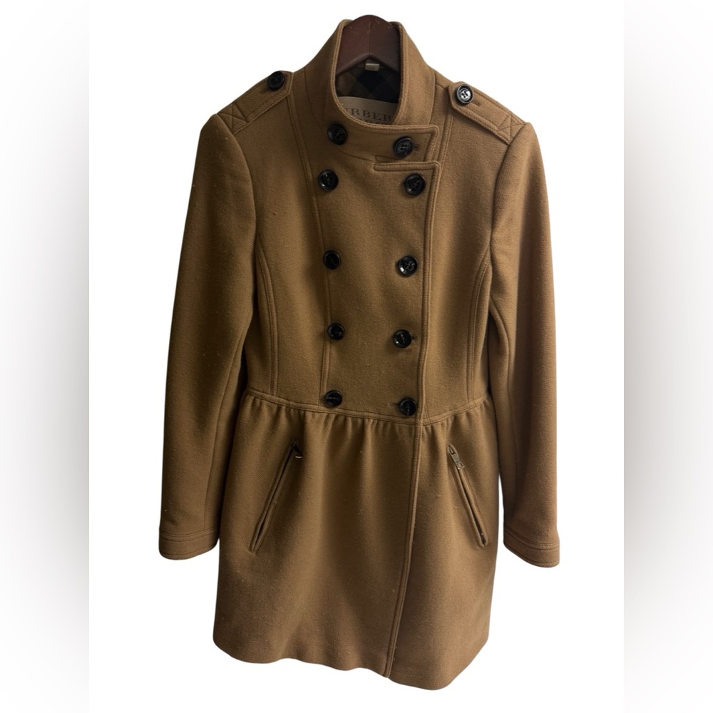 003323 Burberry Women's Stand Collar Double-Breasted Tweed Coat Brown Size USA 6